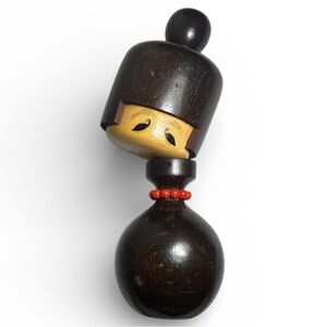 Creative Kokeshi by Tamura Noboru Wooden Doll with Red Beads Around Tilted Neck